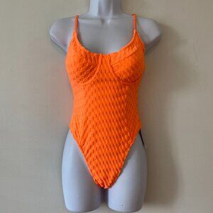 Good American Jacquard Show Off One Piece Swimsuit Womens 1 Small Orange Cream